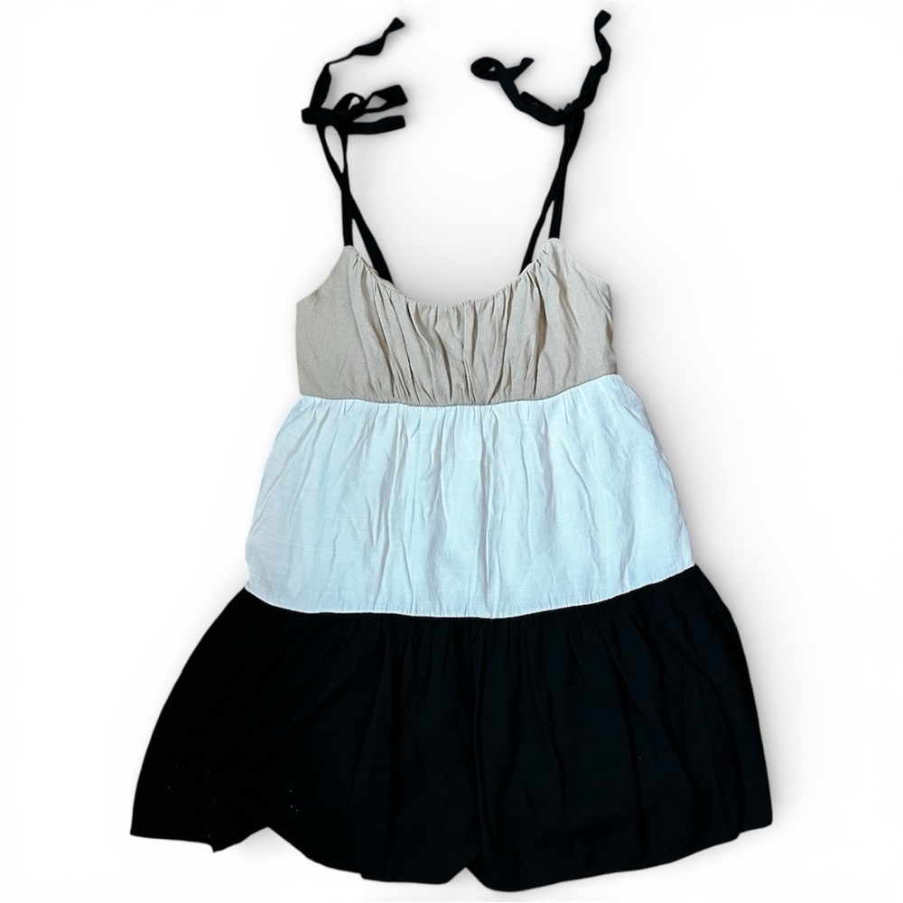 Mi Ami Colorblock Tiered Mini Dress Tie Straps Neutral Boho Medium - Picture 16 of 16
